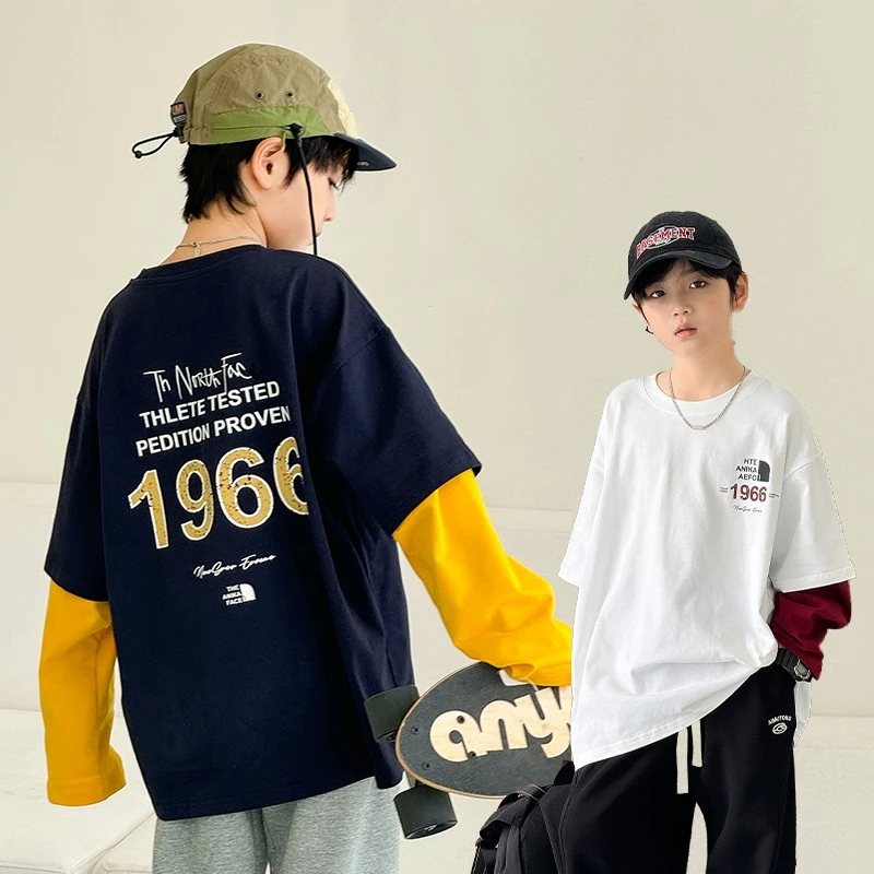 Y8586儿童撞色袖子假两件长袖T恤2025新款男童春夏装打底衫