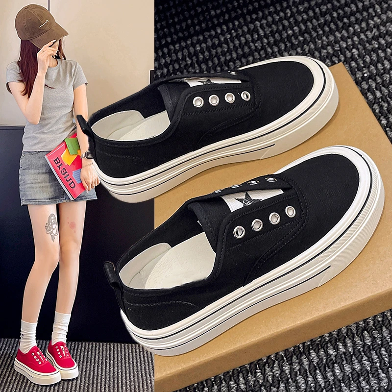 SHOEBOX鞋柜厚底松紧一脚蹬帆布鞋女2025新款百搭透气休闲板鞋