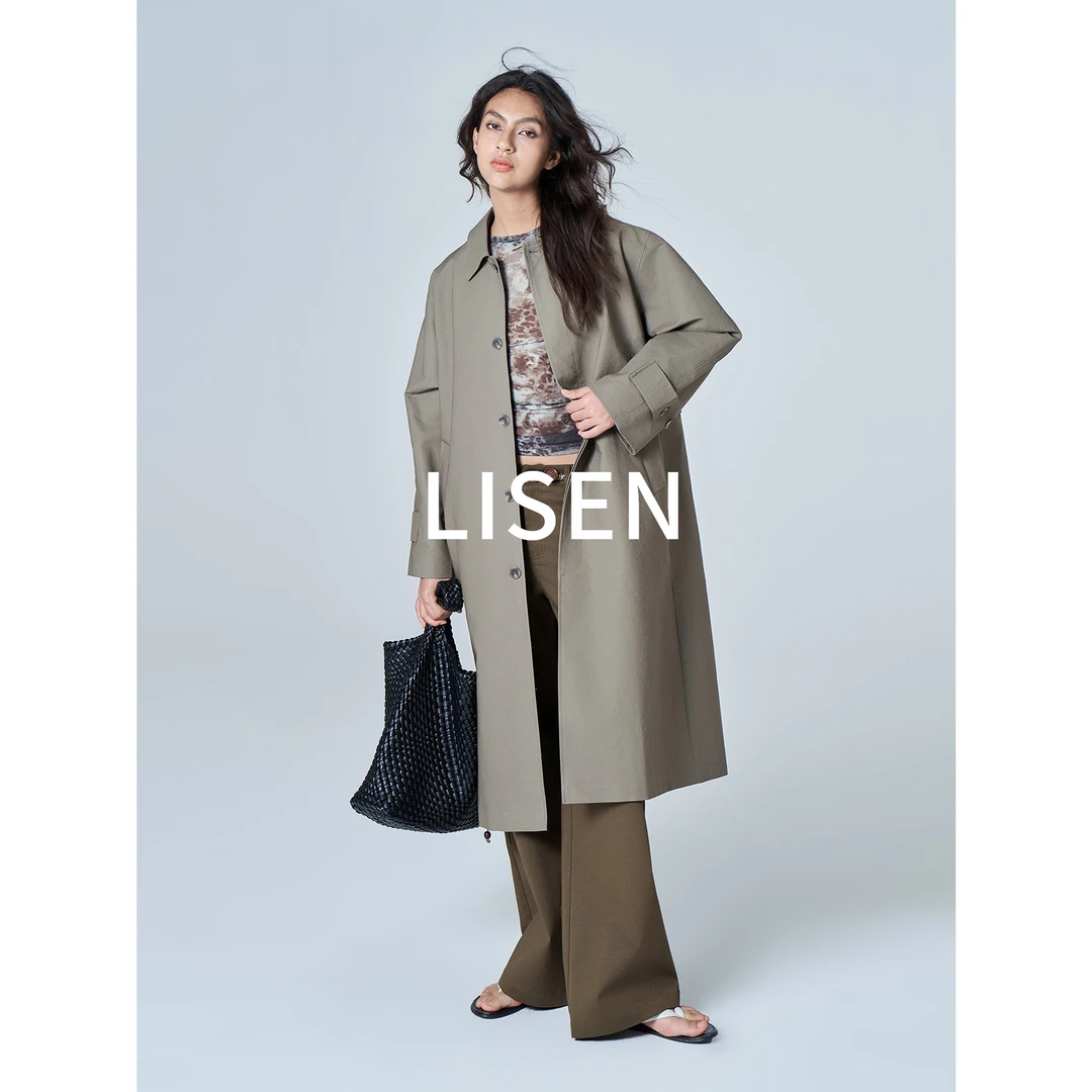 离森row轻奢中长款廓形风衣翻领外套肌理感舒适精梳棉大衣