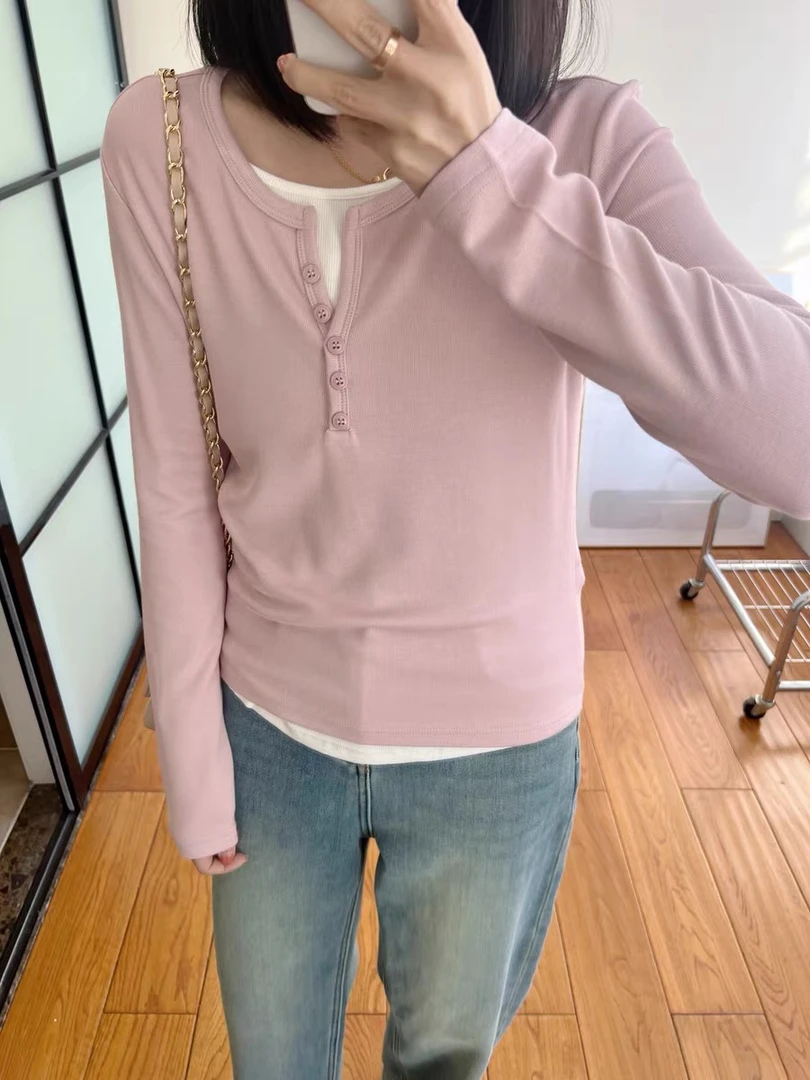 【设计感假两件】半开领前片式软糯舒适收腰显瘦长袖T恤百搭休闲CM