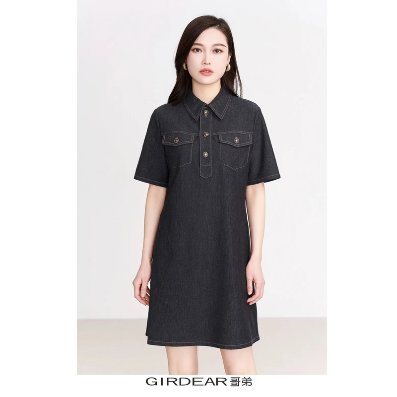 GIRDEAR/哥弟150015休闲百搭短袖针织牛仔布立领显瘦衬衫连衣裙女