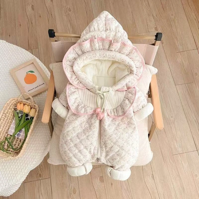 婴幼儿冬季加绒加厚郁金香尖尖帽宝宝洋气冬季抱服连体衣