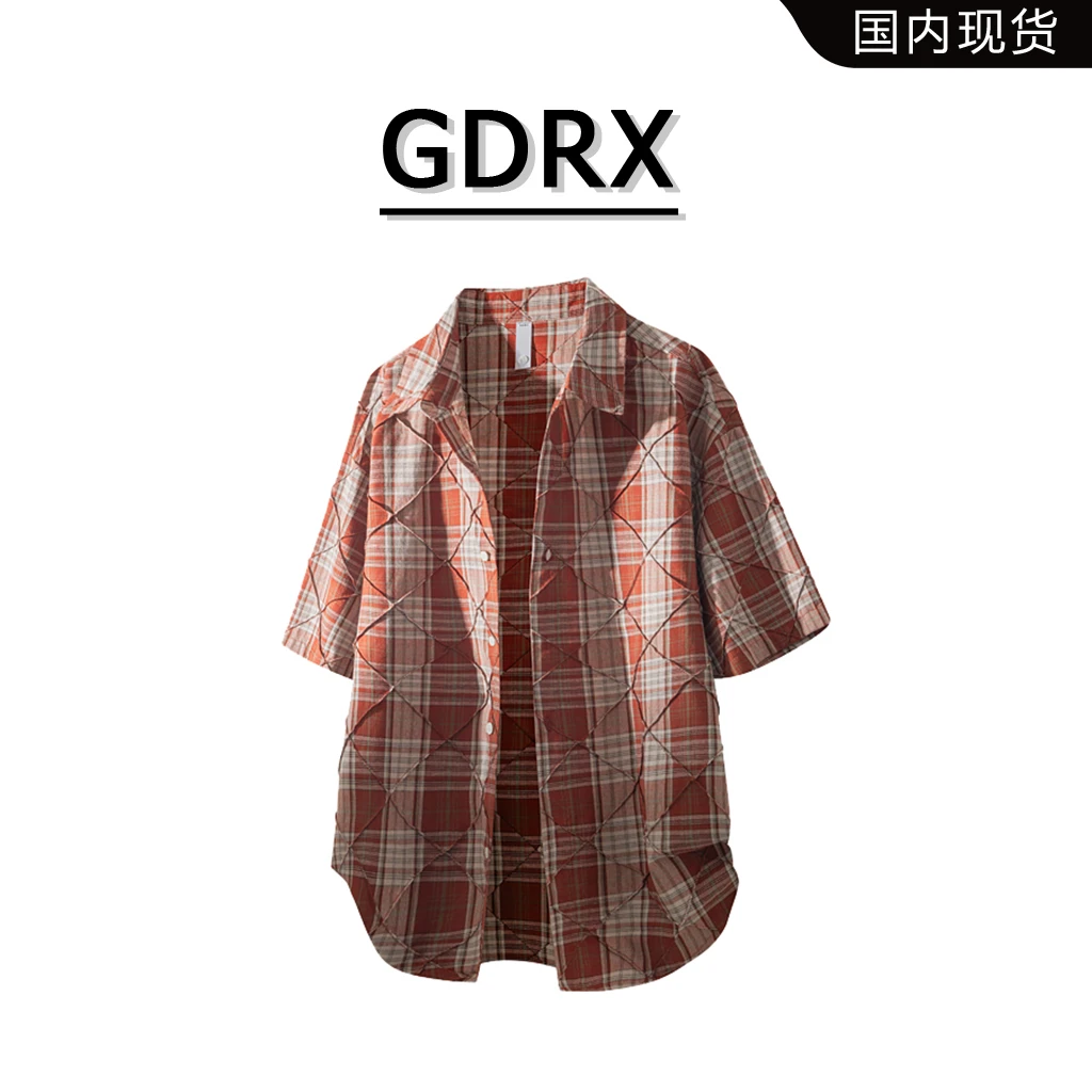 GDRX菱形格子短袖衬衫男款2025夏季宽松美式翻领衬衣轻奢痞帅男装