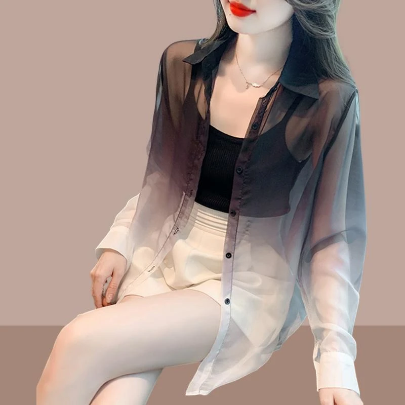 设计感渐变色冰丝防晒衬衫2025新款女士夏季雪纺衬衣开衫薄款外套
