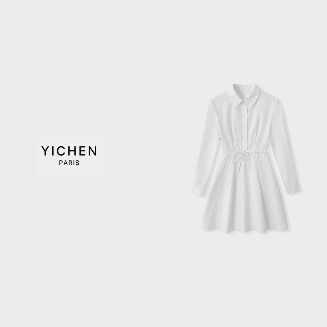 YC 蝴蝶结装饰翻领收腰长袖款衬衫连衣裙-1651