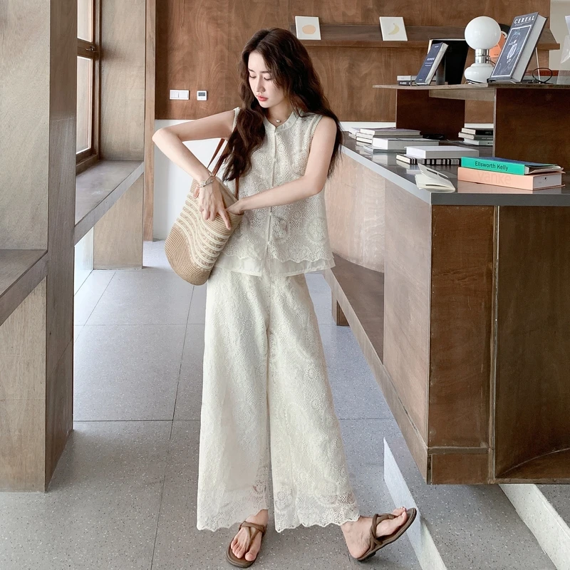 名媛蕾丝套装女夏季大方得体穿搭一整套气质温柔马甲阔腿裤两件套