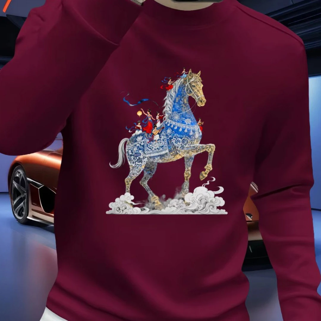 新款马年秋冬潮牌印花高级感卫衣男士时尚套头圆领骏马痞帅上衣潮