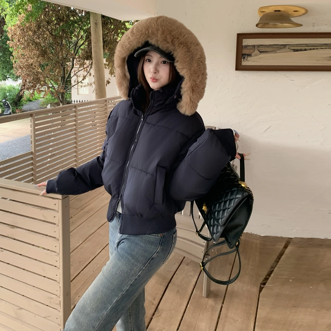 2025新款冬季时尚短款毛领连帽宽松长袖学生百搭面包服保暖棉服