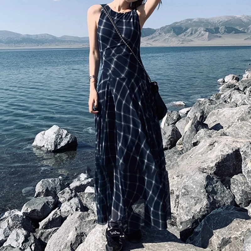 小君君布 复古少女/设计款网纱扭结格纹背心裙女秋内搭连衣裙