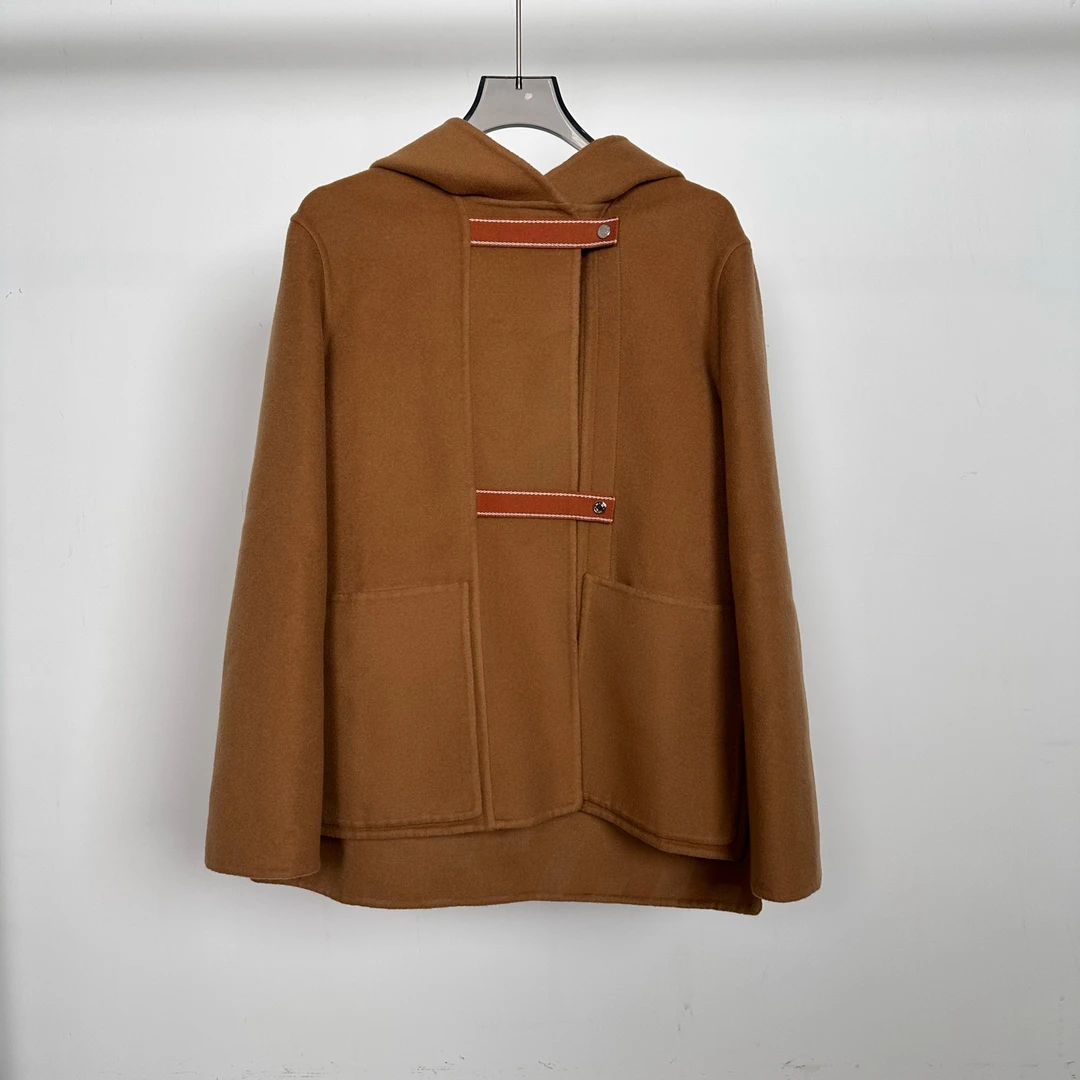 99新 Hermes/爱马仕 美拉德色系羊绒连帽短款大衣 34码 GM005149