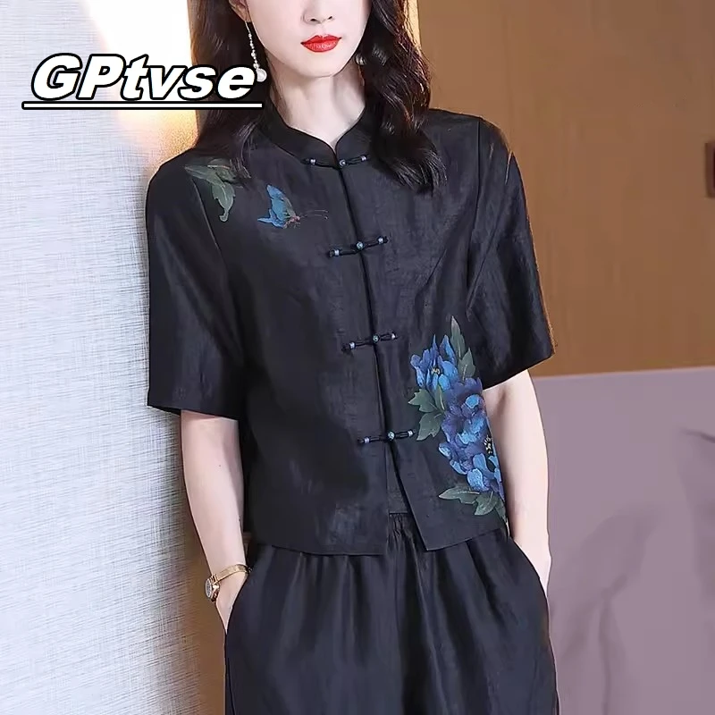 GPTVSE彩绘T恤女夏民族中国风绣花短袖立领拼接纯色宽松短款百搭