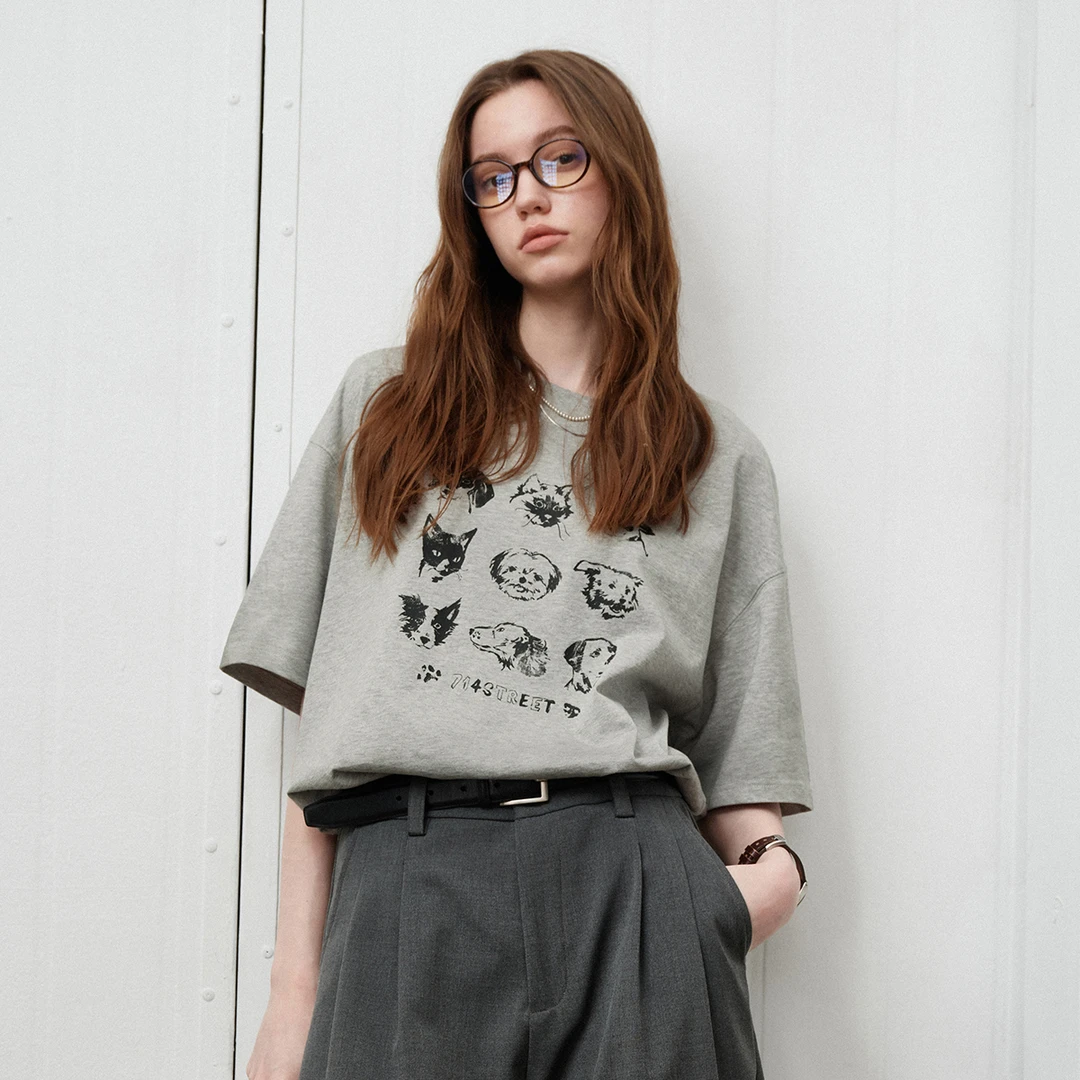 714street美式复古动物印花短袖T恤男夏季新款上衣情侣装511885