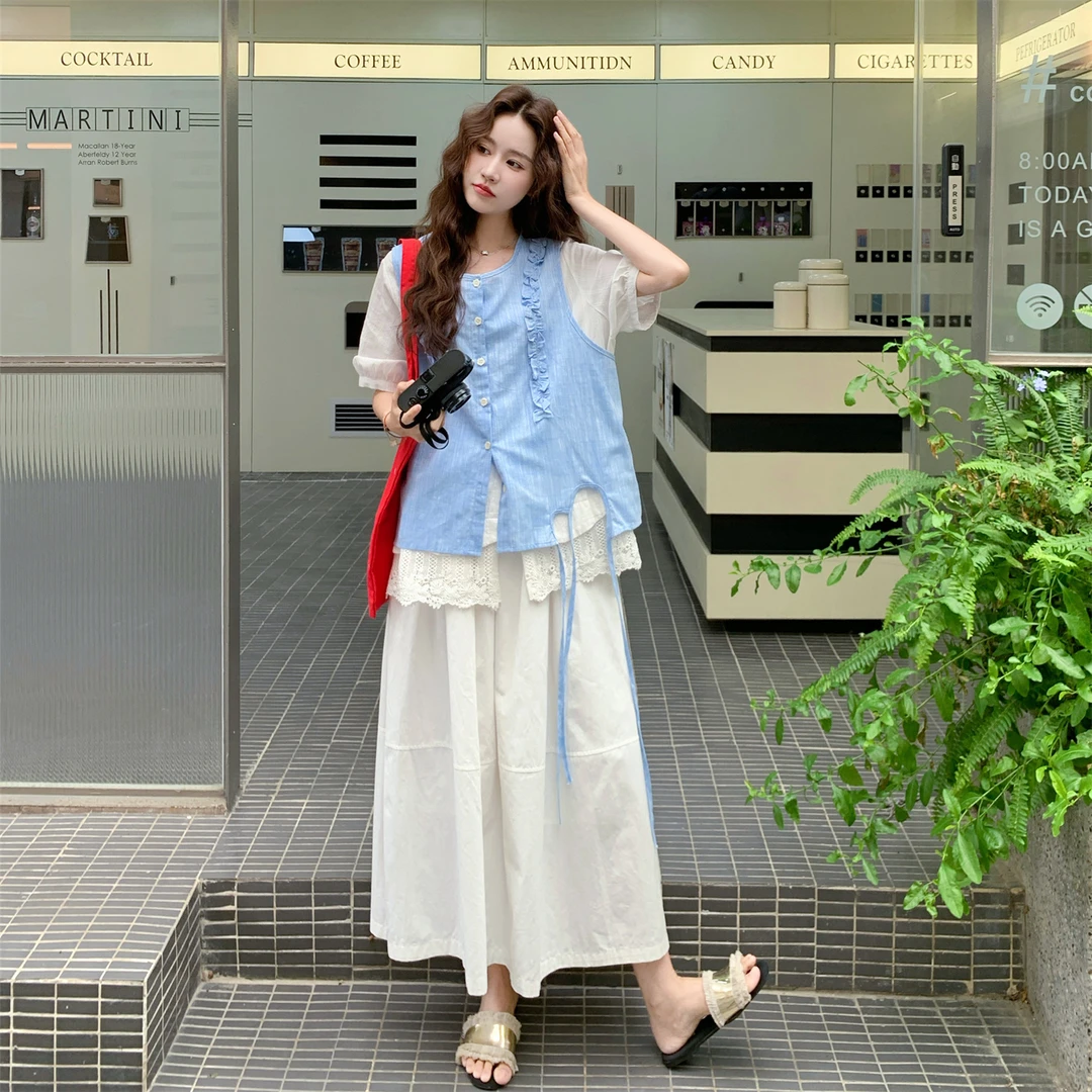 蕾丝拼接不规则T恤半身裙套装女夏日绝美流行超火爆款两件套洋气