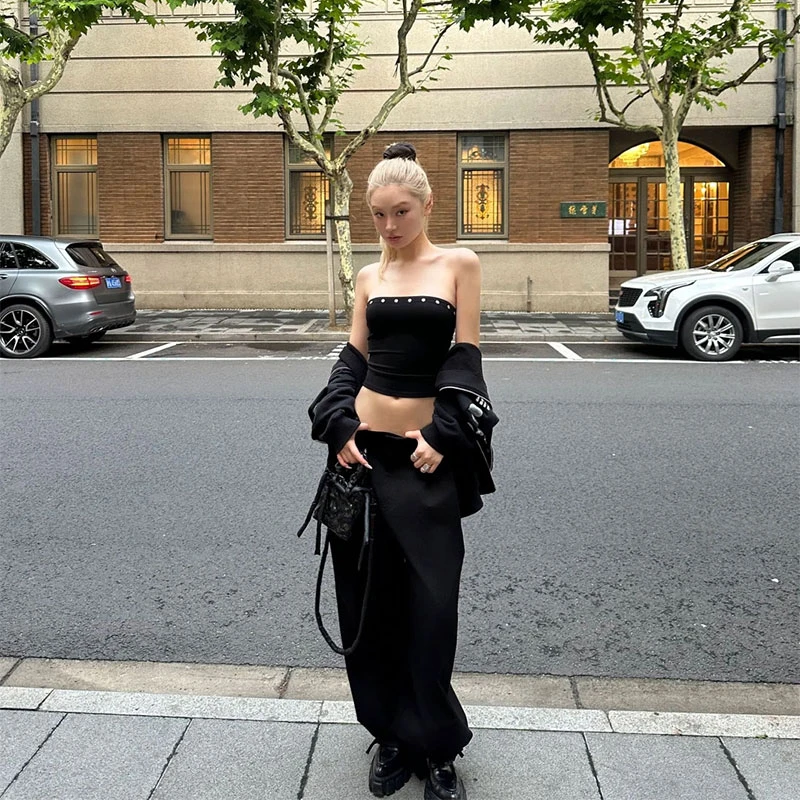 2025夏季新款铆钉拉链抹胸背心弹力紧贴显瘦上衣女配高腰显瘦长裤