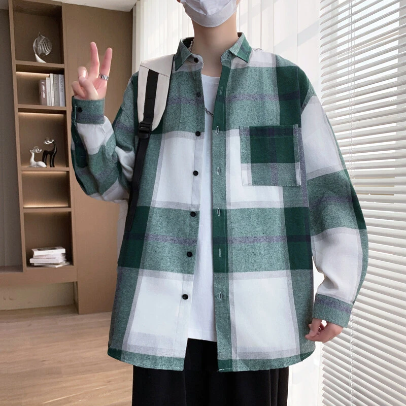 2025春季时尚休闲百搭格子衬衫男港风青少年时尚百搭外穿衬衣外套