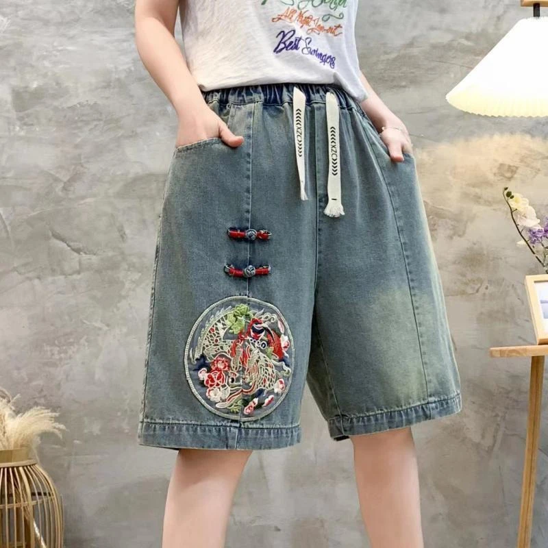 复古民族风盘扣刺绣五分牛仔短裤女夏季薄款国风宽松显瘦直筒裤潮