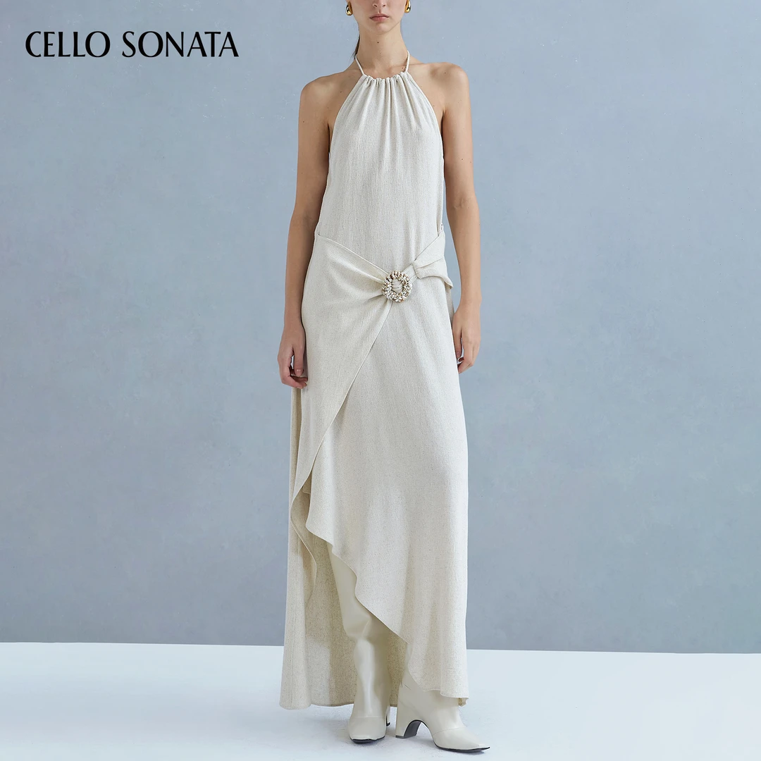 Cello Sonata25春夏新款 亚麻挂脖串珠露背度假风连衣裙