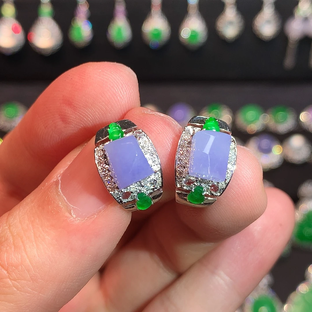 翡翠18K金镶嵌耳饰紫罗兰浓紫蛋面耳包