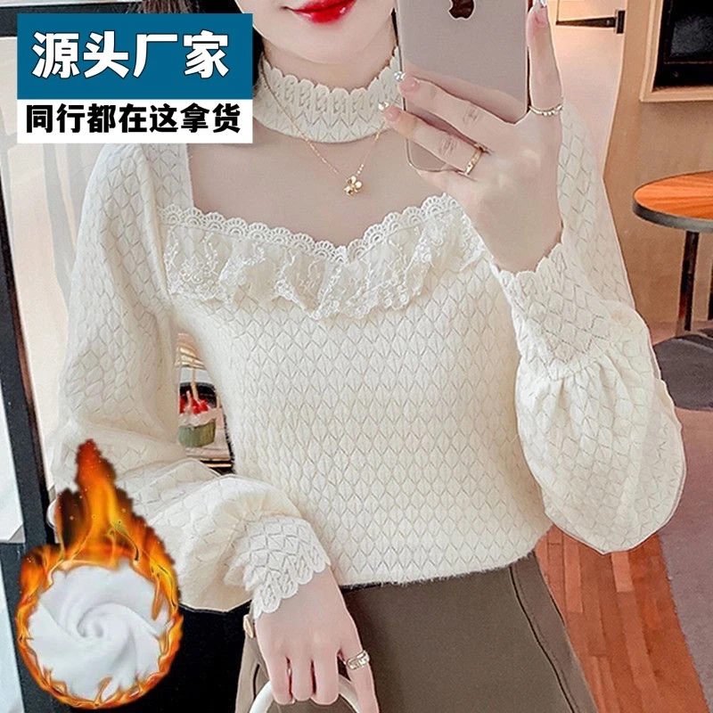 梵乐芬韩版蕾丝打底衫百搭法式泡泡袖上衣加绒蕾丝长袖半高领保暖