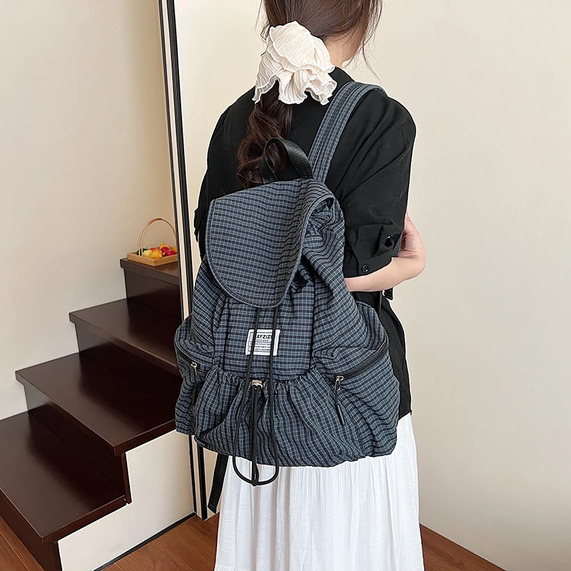 格子尼龙帆布包包女2025新款潮时尚韩版双肩背包休闲大容量电脑包