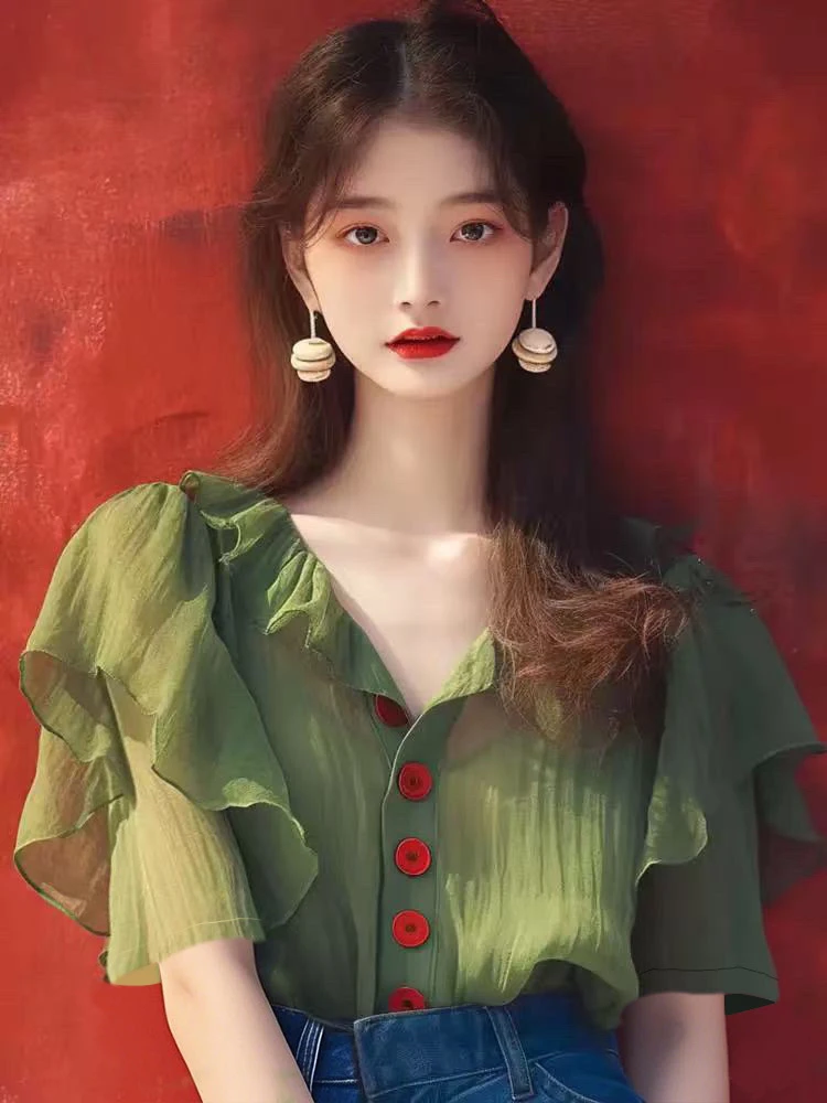 2025夏季新款法式洋气时髦显瘦超好看绿色荷叶边短袖衬衫女1515