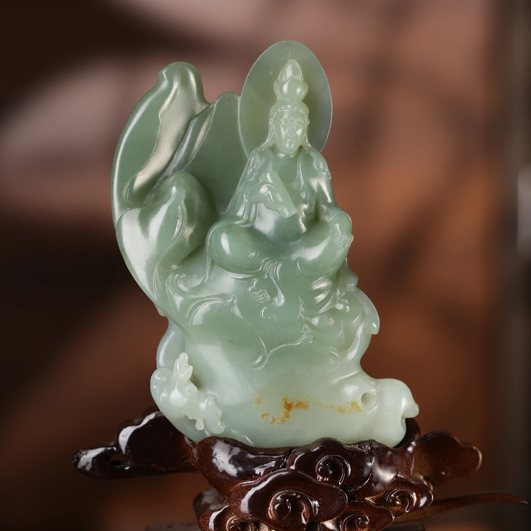 dx杨小荣作 和田玉青玉带皮书卷观音坐像sw2509240927