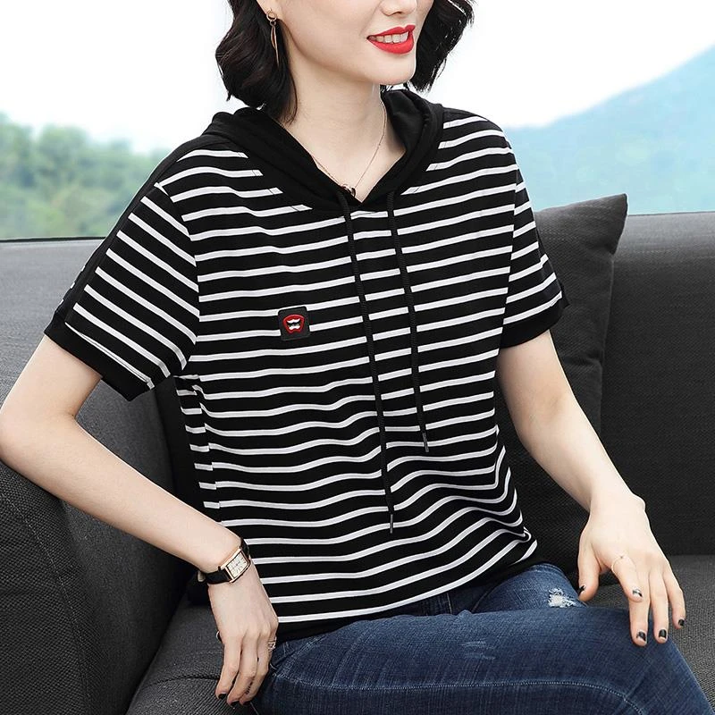 法劳格带帽T恤女短袖棉上衣中年妈妈大码宽松条纹温婉大方衣服显