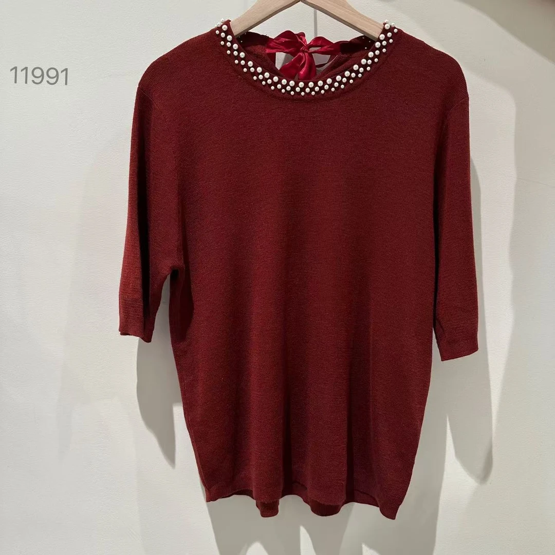 11991（部分无水洗唛，介意慎拍）SANFAN新款领口珍珠带绑绳针织短袖
