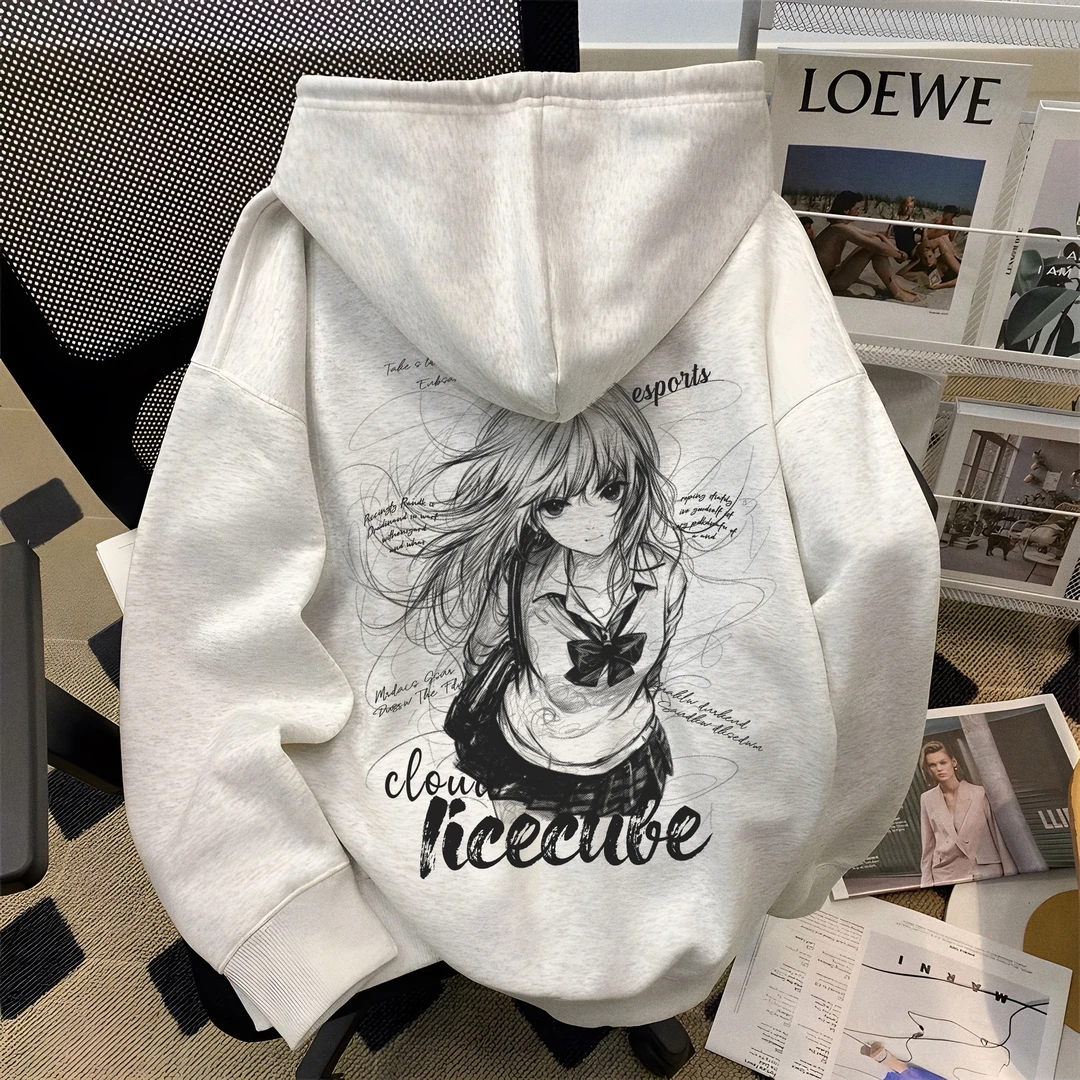 二次元动漫少女手绘印花连帽卫衣男女同款秋冬加绒宽松休闲外套