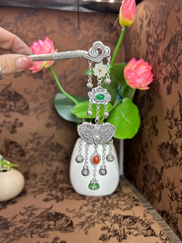 足银银制品 小郑家纯银手工簪刻实心祥云发簪