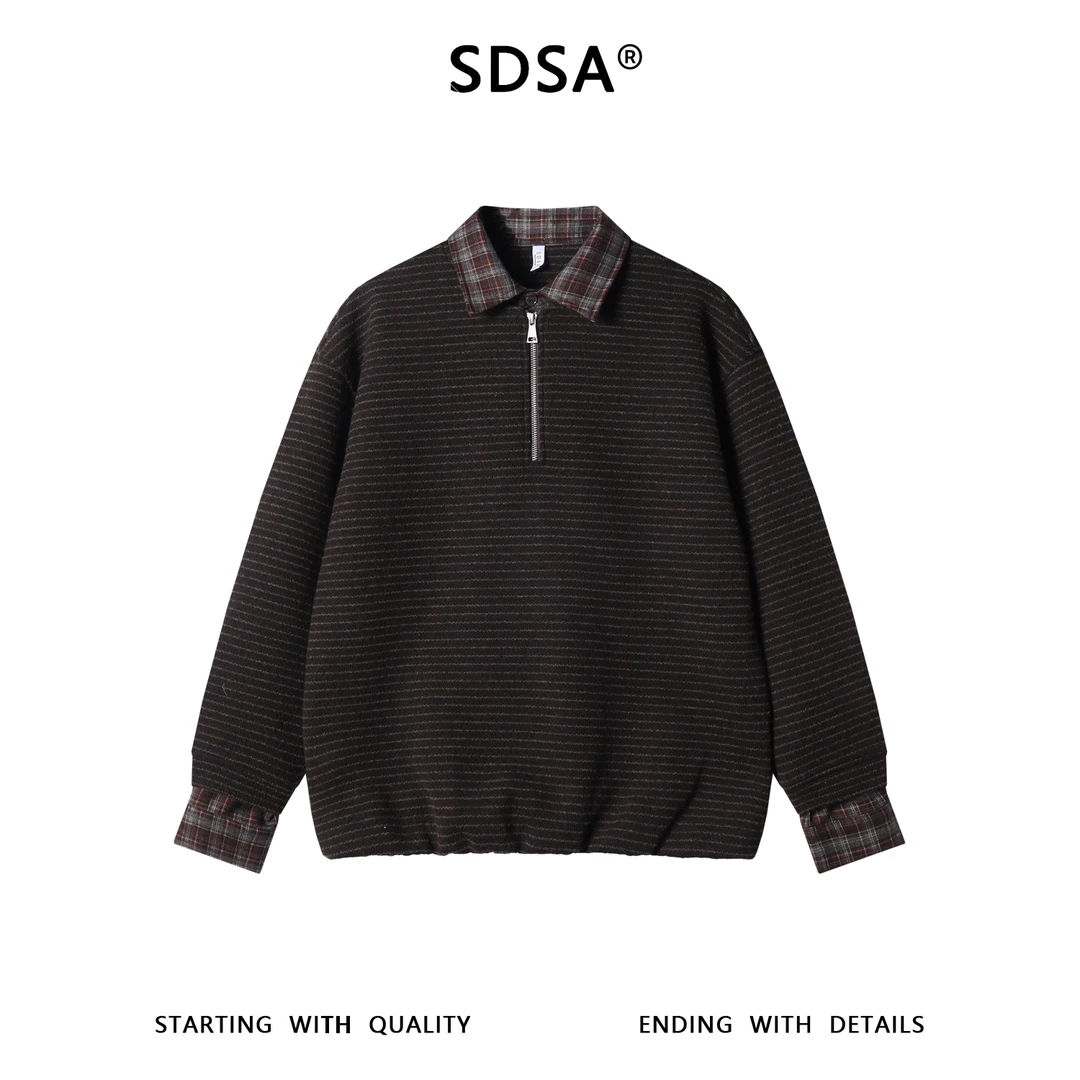 SDSA男士秋冬新款痞帅男装韩版简约条纹拼接半拉链假两件毛衣百搭