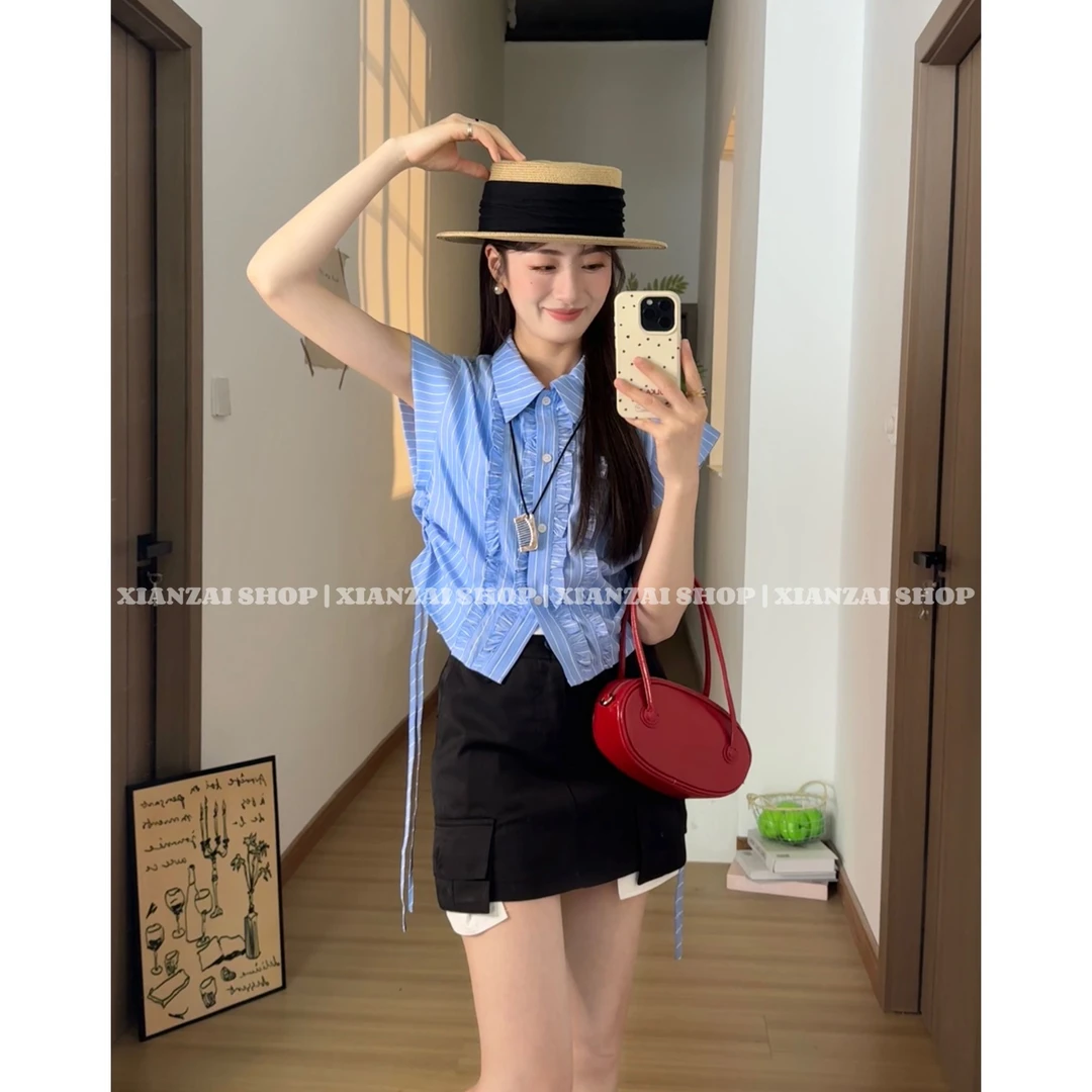 XIANZAI【出游记】夏季新款清爽木耳边衬衫短袖高腰短裙两件套装