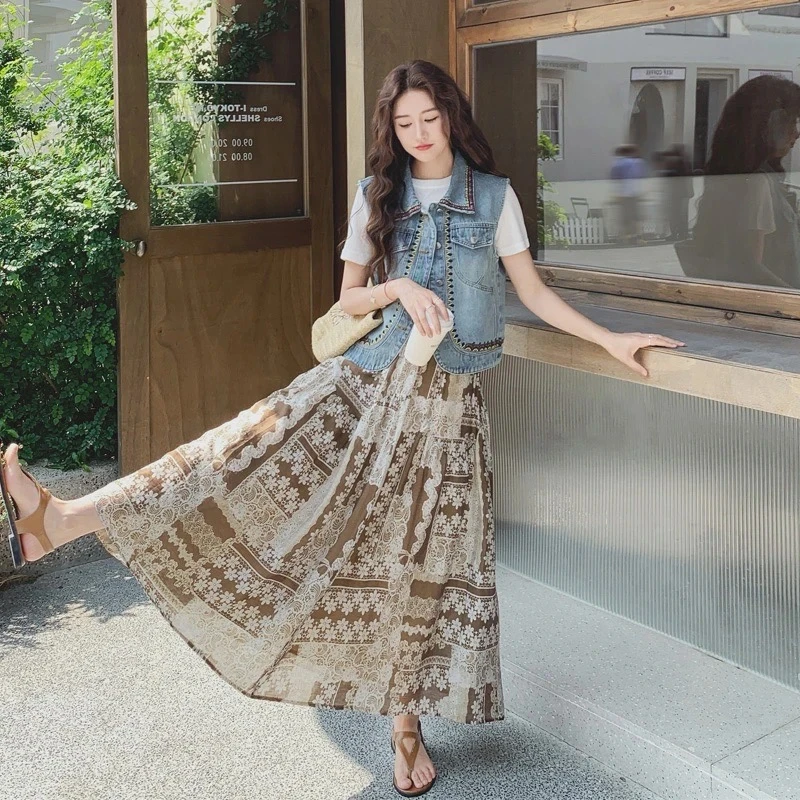 松弛感复古套装裙女2025夏季新款ins风韩系牛仔马甲T恤印花半身裙