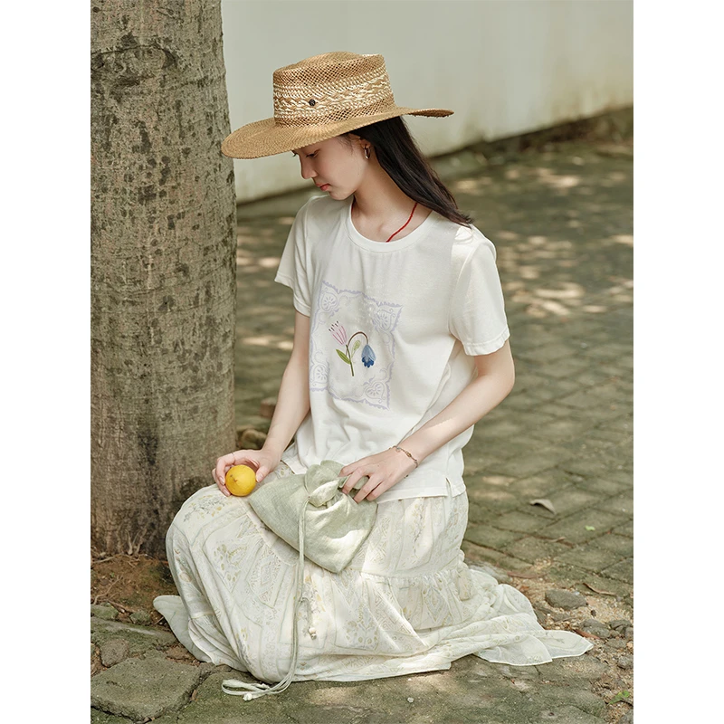 Botanique植物学“夏日画报”度假风腰果花郁金香莱赛尔亚麻短袖T恤