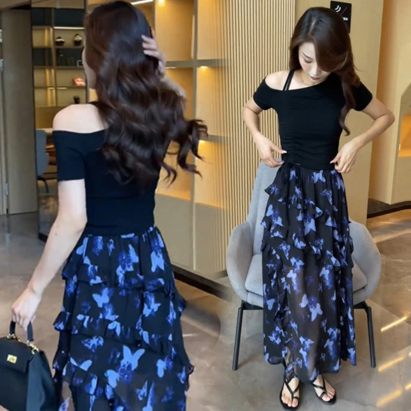 气质修身短袖上衣设计感蝴蝶印花半身裙女夏季新款啊洋气百搭套装