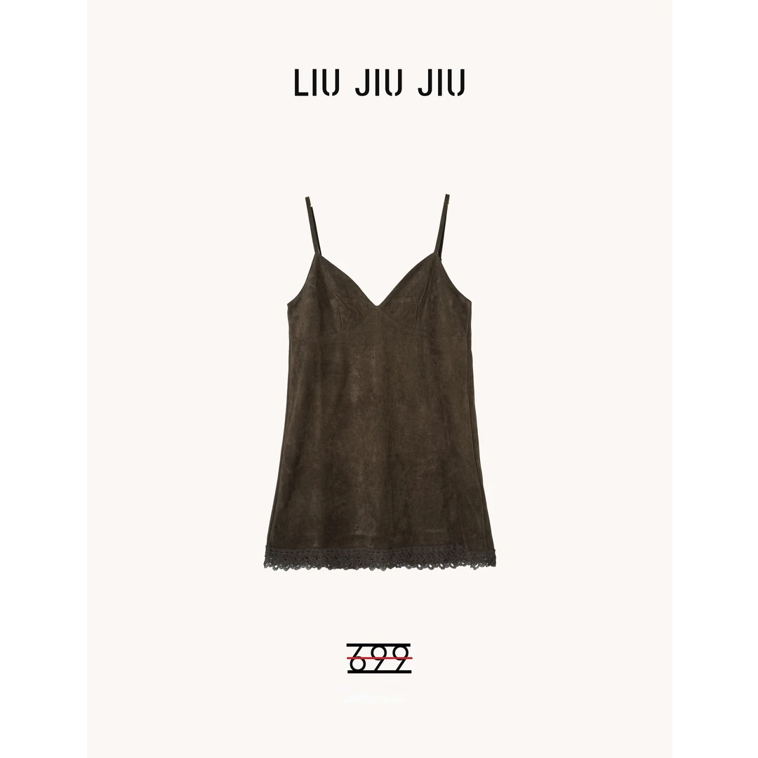 LIUJIUJIU 老钱复古蕾丝下摆拼接吊带裙秋冬中长款连衣裙LYQ5414L
