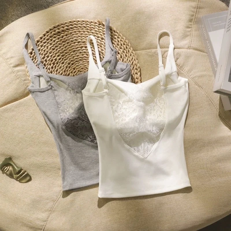 带胸垫新款美式蕾丝拼接露背吊带自带固定杯胸垫修身上衣女内衣