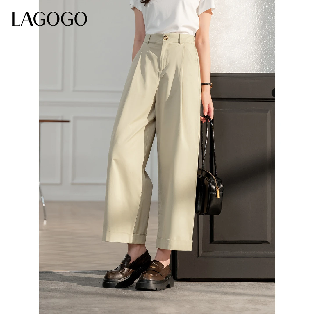 LAGOGO纯棉宽松高腰休闲裤子拉谷谷2025春新显瘦阔腿裤OAKK531G02
