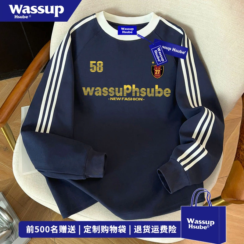 WASSUP HSUBE 复古美式字母印花条纹拼接上衣秋季百搭纯棉打底衫