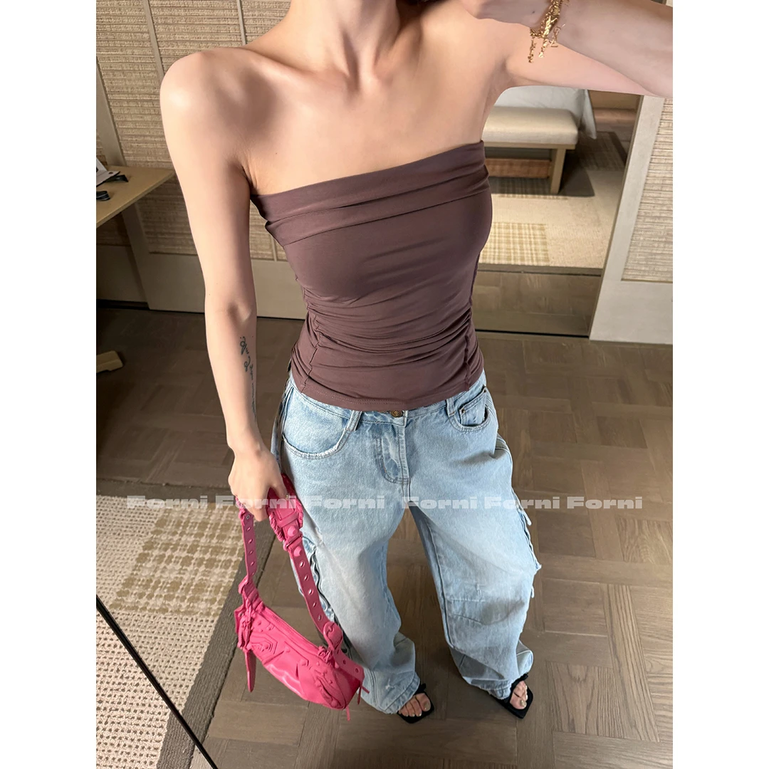 FORNI 涩谷杂志主编 抗菌竹纤维冰感不规则抽褶收腰辣妹抹胸上衣