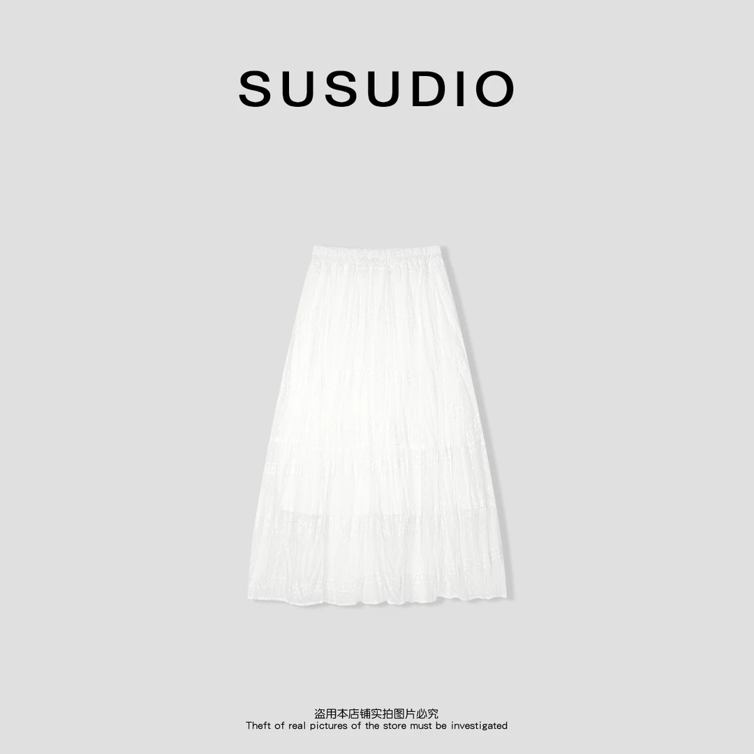 SUSUDIO②   春夏新款高腰垂坠感法式压褶蕾丝提花裙40216