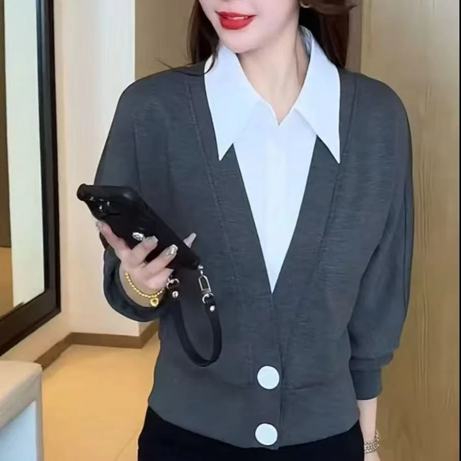 028#假两件春秋季新款百搭衬衣洋气减龄显瘦气质衬衫上衣