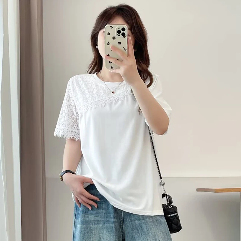 大码女装时尚蕾丝短袖T恤女显瘦胖mm圆领白色宽松小衫镂空上衣服