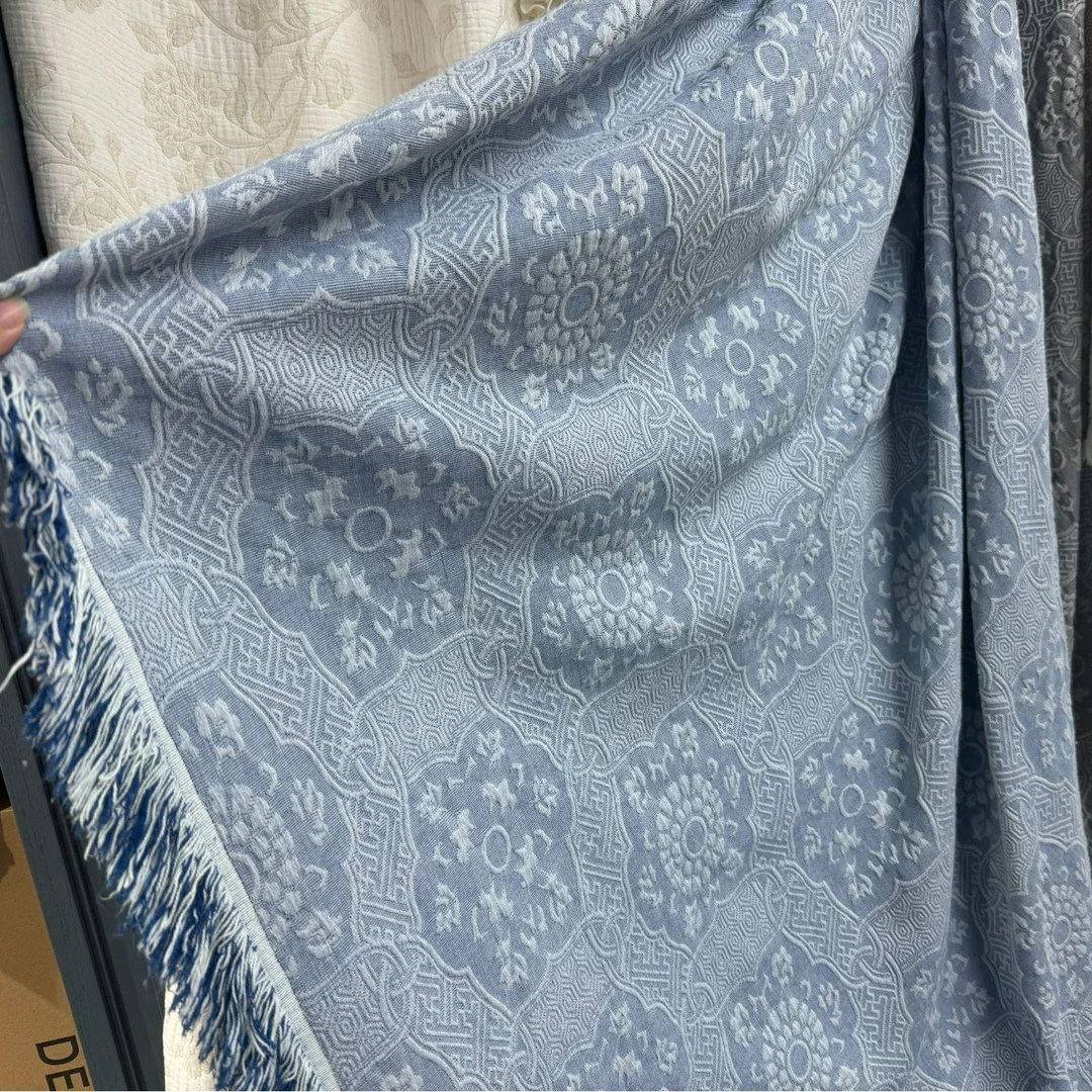 【云栖雅织 景泰蓝】新中式简约全棉提花多功能流苏盖毯睡毯