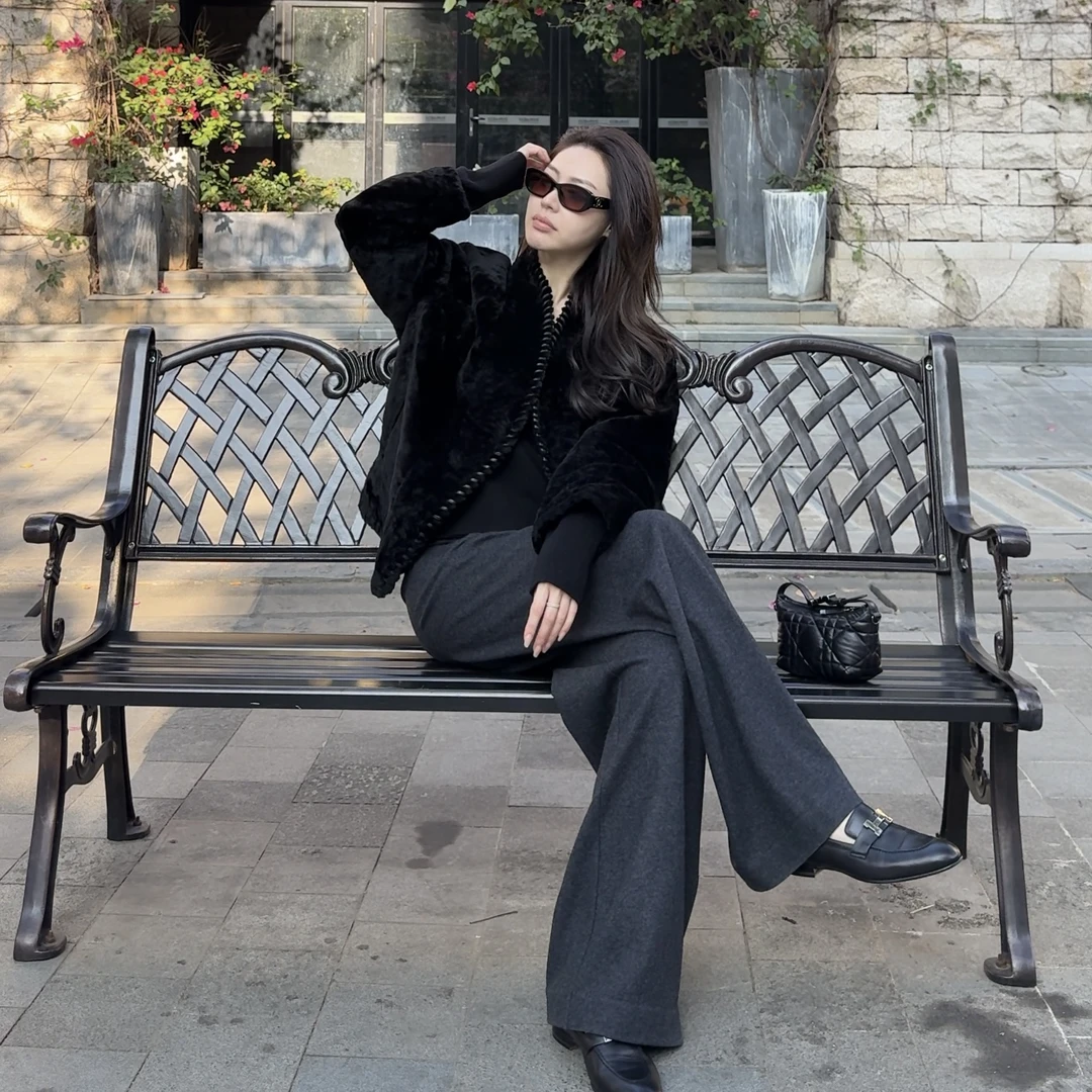 王嬛嬛MsLime‘鸢尾25年新款时尚休闲气质羊毛革外套 HC2D3373