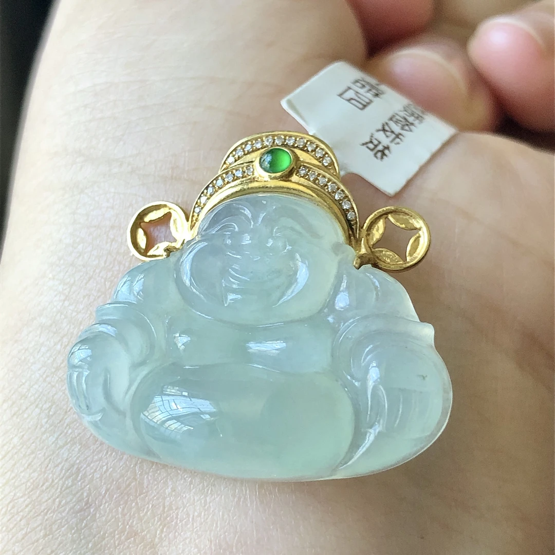 缅甸天然A货翡翠18k金镶嵌老坑冰种吊坠尺寸28.4/27/7
