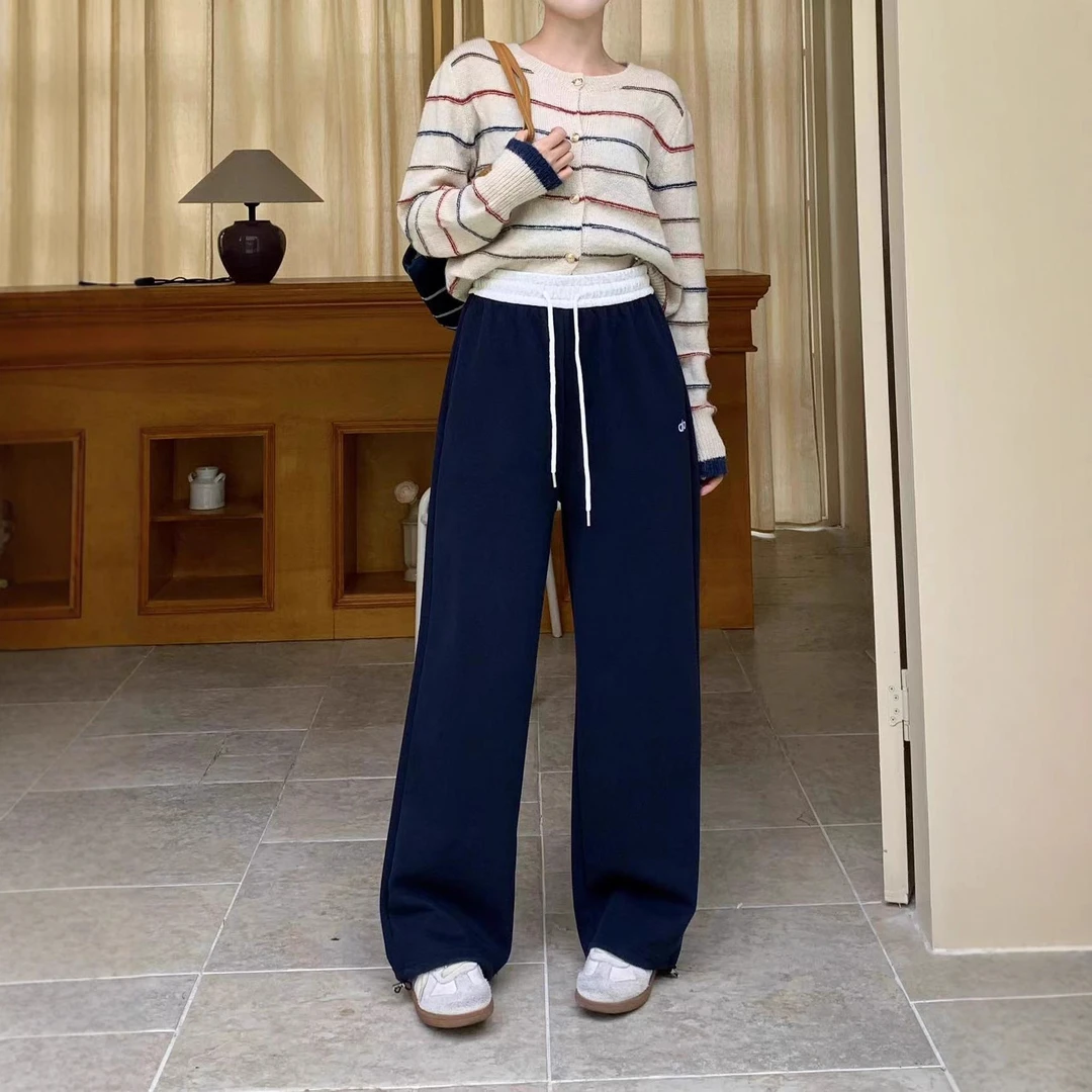 华棉运动裤女2025秋新款休闲高腰直筒卫裤遛弯慵懒风拖地阔腿裤