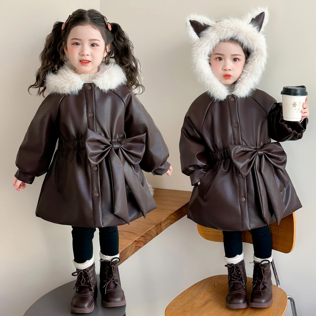 女童加绒皮大衣派克服外套2025新款秋冬中长款加厚免洗pu皮蝴蝶结