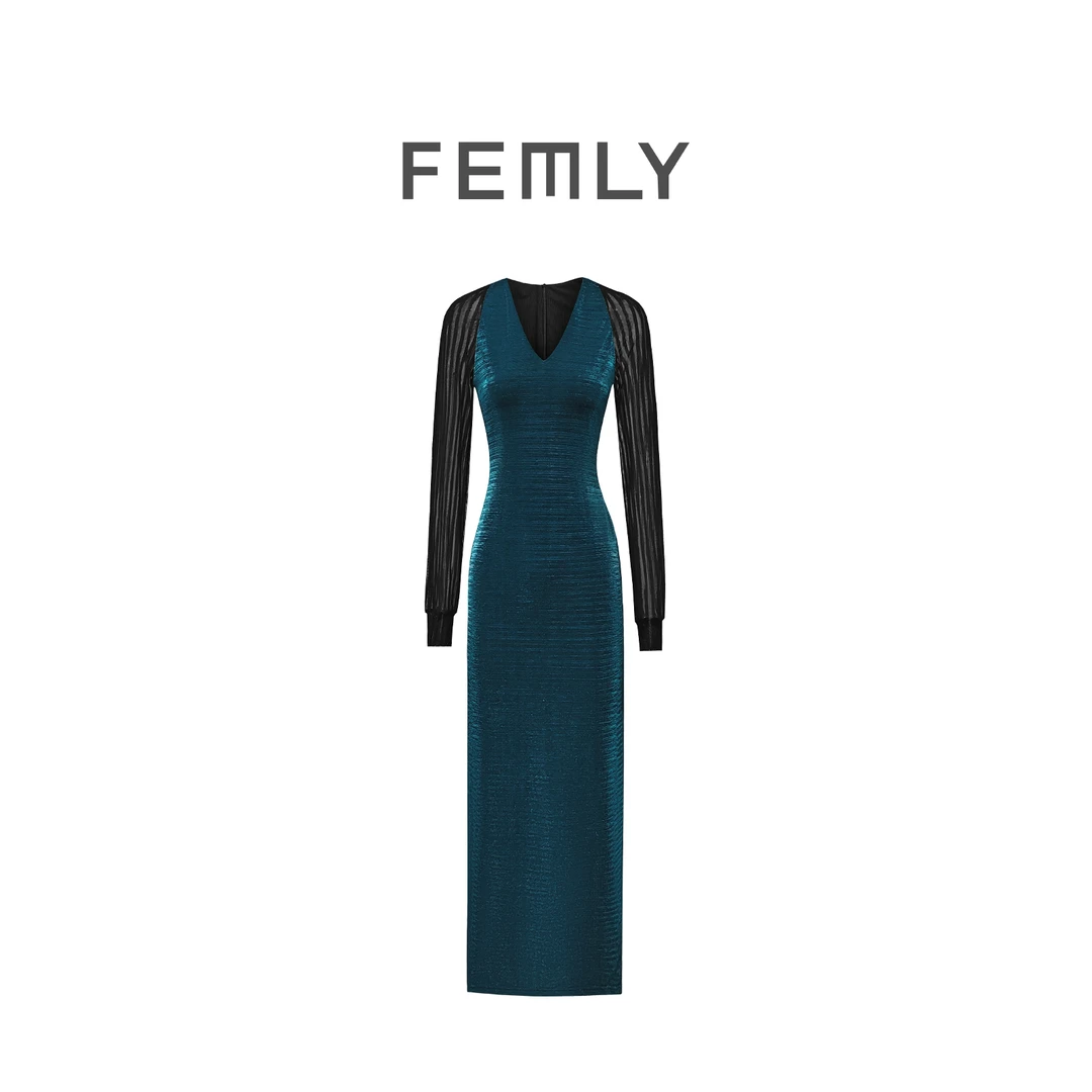 FEMLY/法曼丽 高级气质拼色时尚显瘦连衣裙3163