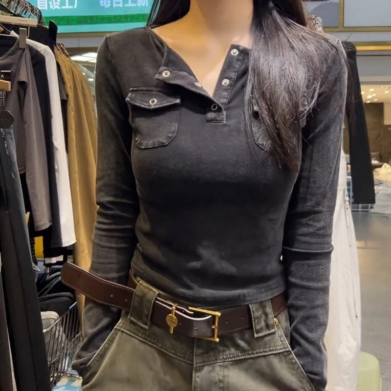 口袋设计感内搭打底衫女早秋季修身显瘦正肩长袖t恤上衣LK2506002